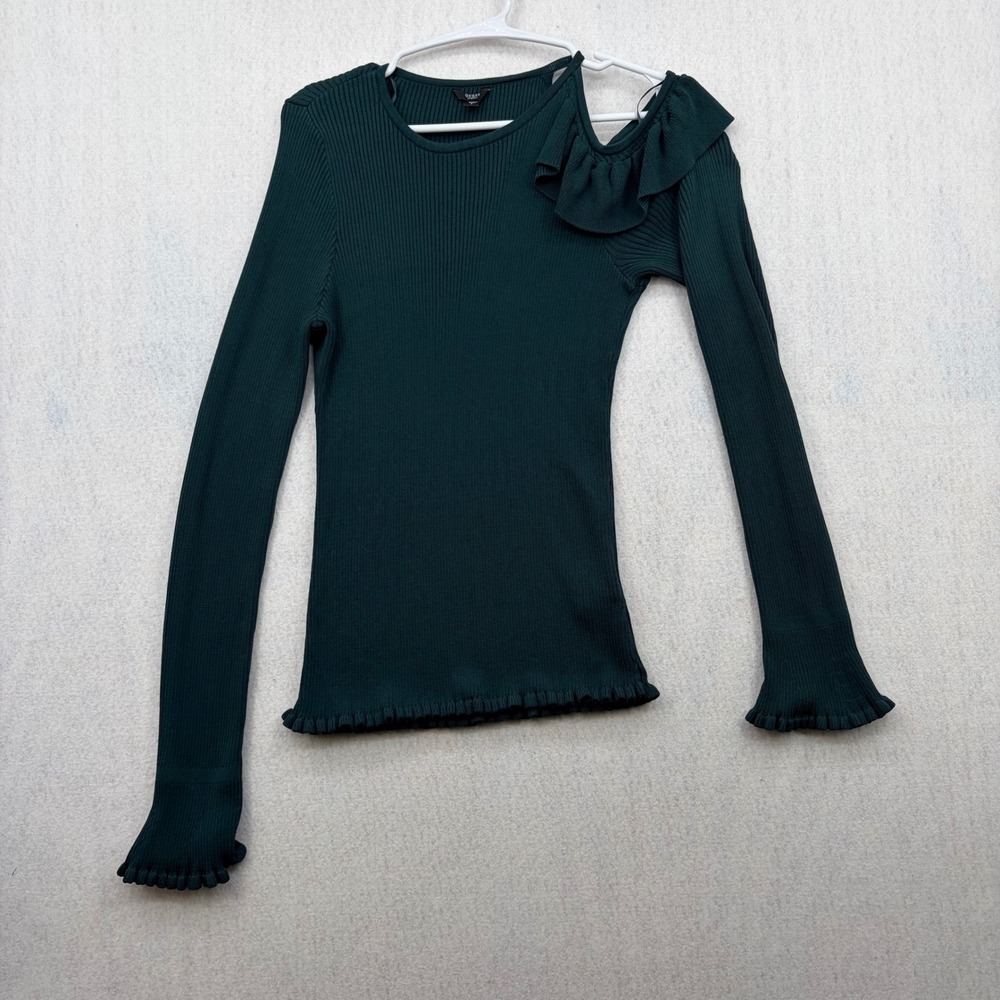 Guess Los Angeles Green Ribbed Cold Shoulder Ruffle Top W73R85R1KC0 Large